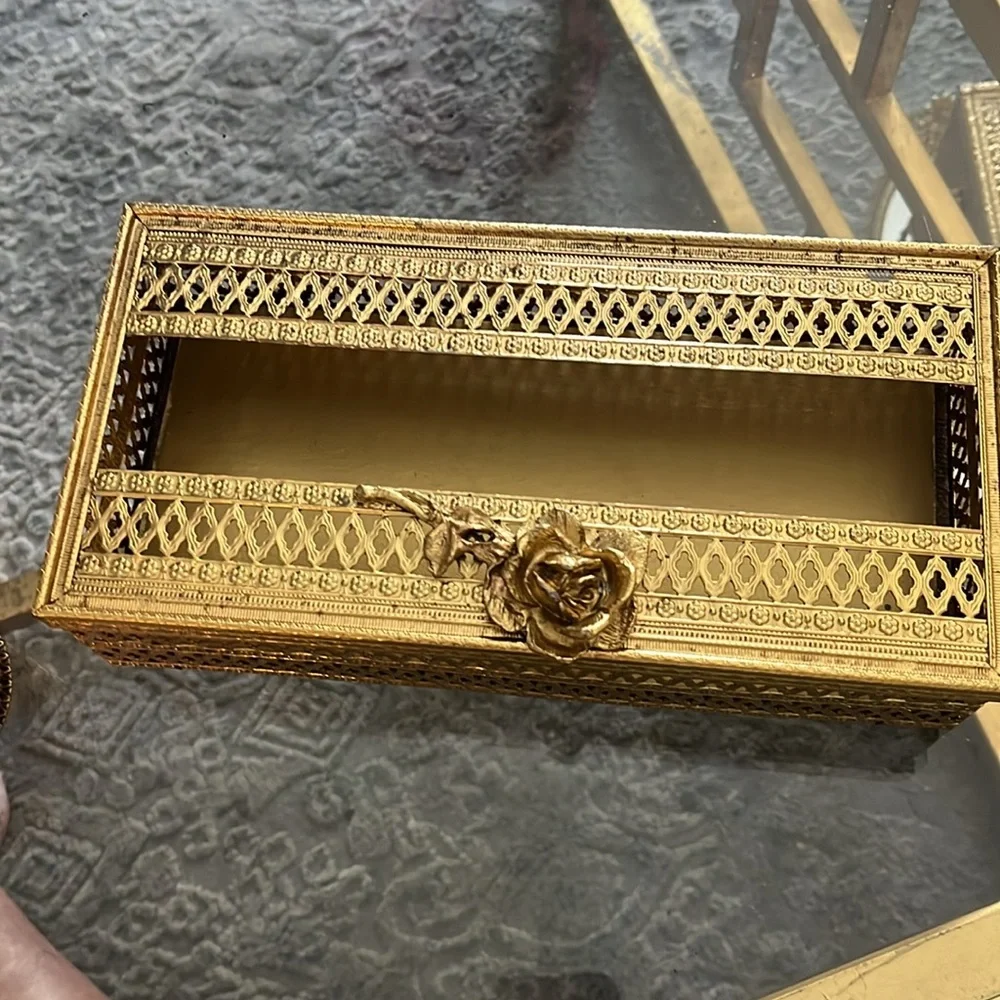 VTG TISSUE Gilt FILIGREE BOX VANITY Roses French Rococo GLAM